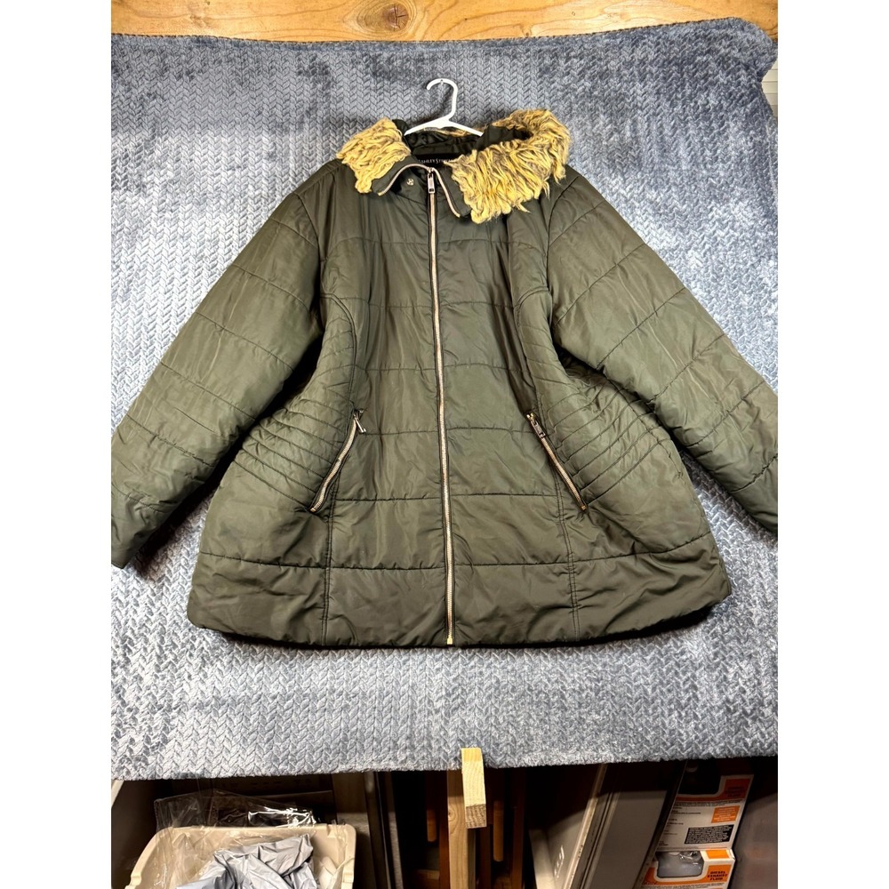 Ashley Stewart Puffer Jacket Womens 22/24 Green Faux Fur Hooded Full Zip Pockets